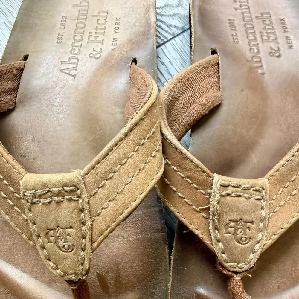 Abercrombie & Fitch Mens Leather Arch Support Flip Flop Sandals Tan